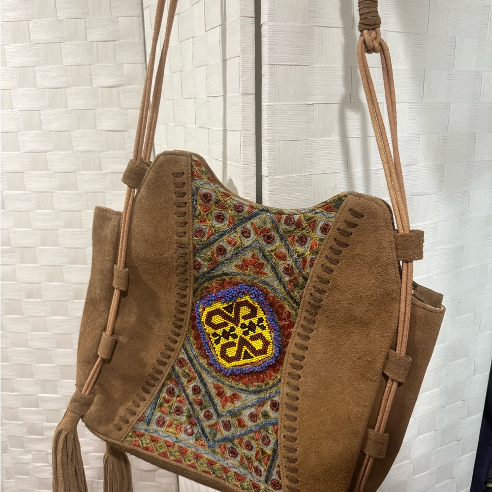 Embroidered Brown Suede Shoulder Bag